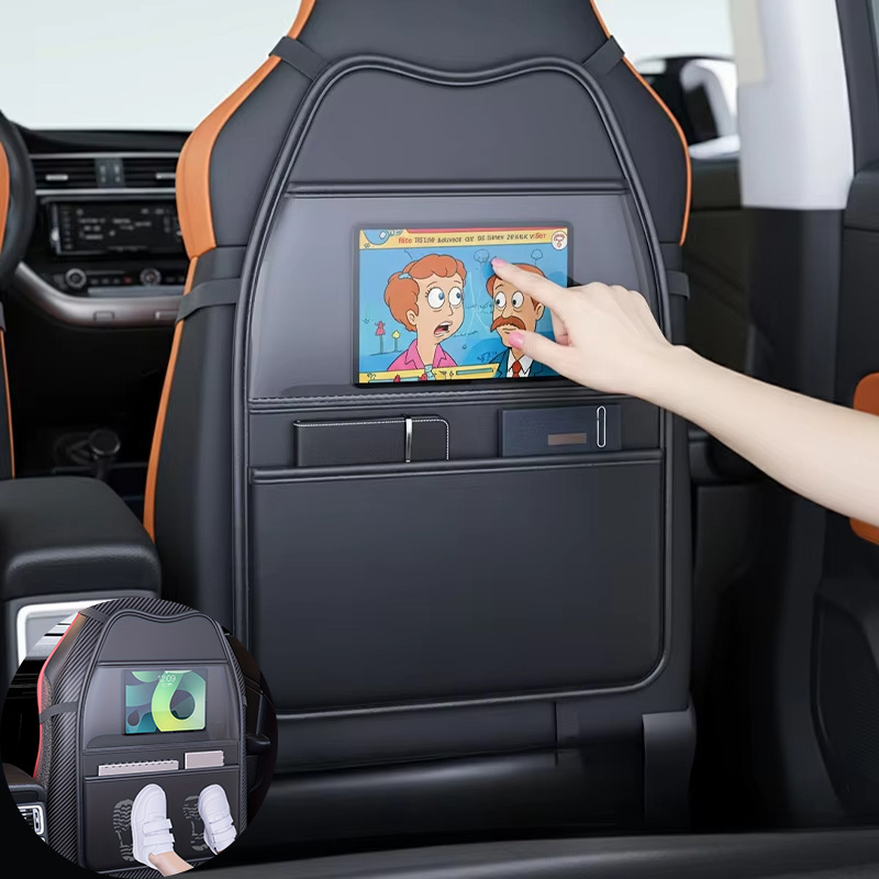 Toddler Tablet Accessories - 高級PUレザーカーシートキックプルーフパッド（ポケット付き）多機能タブレットホルダー付き子供用カーシートバック保護カバー
