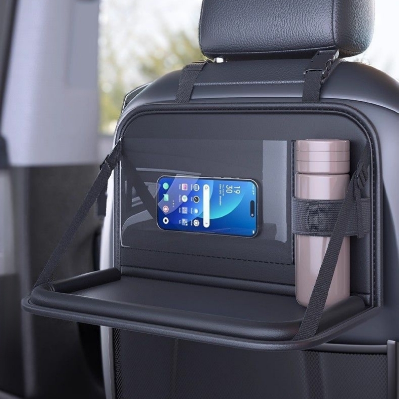 Toddler Tablet Accessories - 車用シートバックオーガナイザー 折りたたみ式テーブルトレイ PUレザー タッチスクリーンポケット付き スマホ・タブレットホルダー 耐熱カップホルダー