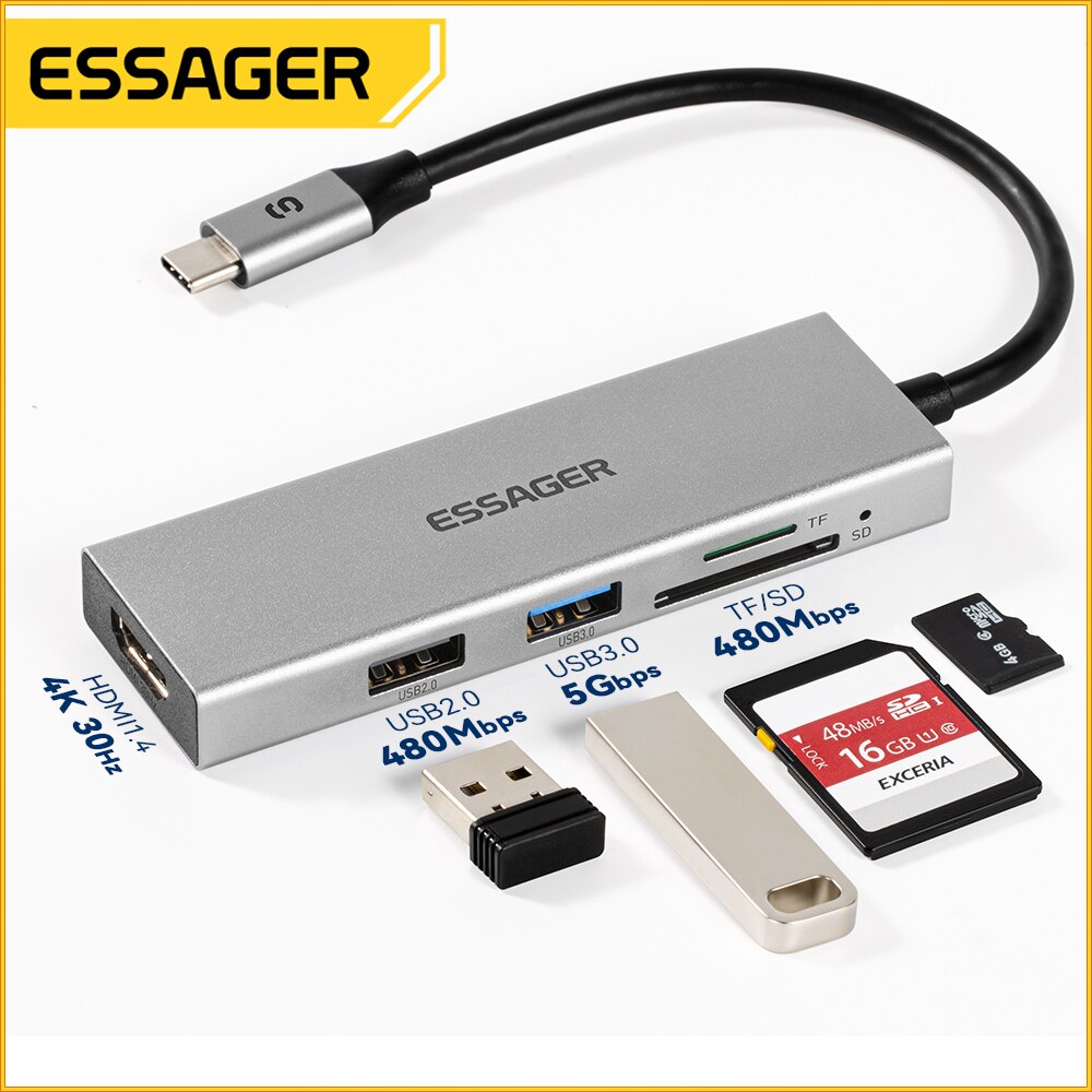 Essager 5 in 1 USB cハブHDMI-4Kド - Hdmi Adapter Tablet のレビューと価格