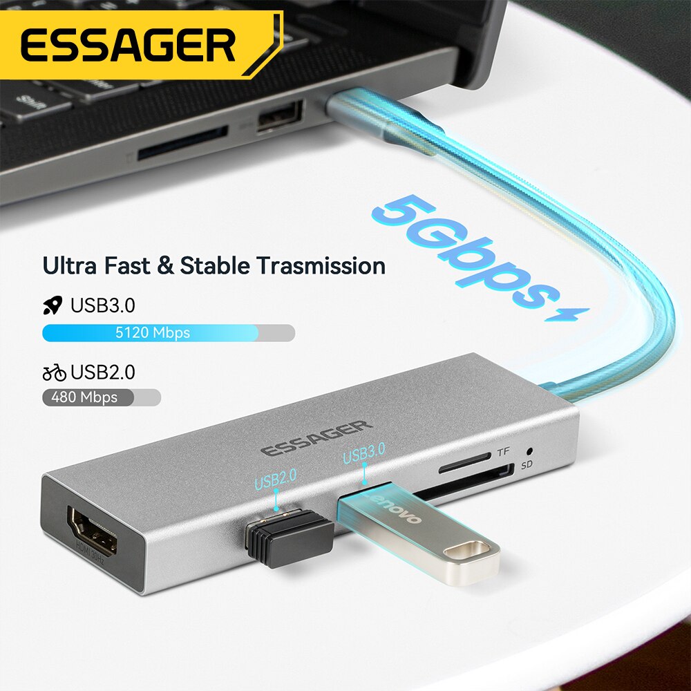 Essager 5 in 1 USB cハブHDMI-4Kド - Hdmi Adapter Tablet のレビューと価格